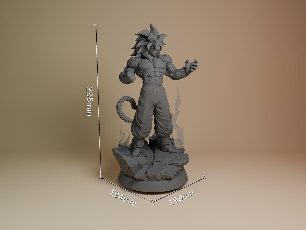 Unpainted gray resin figure of Gakeh from Dragon Sphere Y shown at scale with spiky hair, muscular build, tail, and dynamic pose on rocky base.