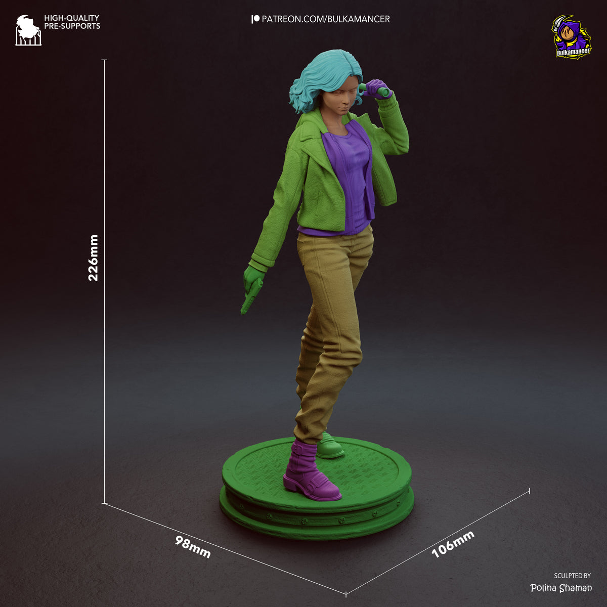 Grace resin figure from Resident Evil shown at 226mm height with 98x106mm base, posed with hand to head in painted green jacket and purple accents.