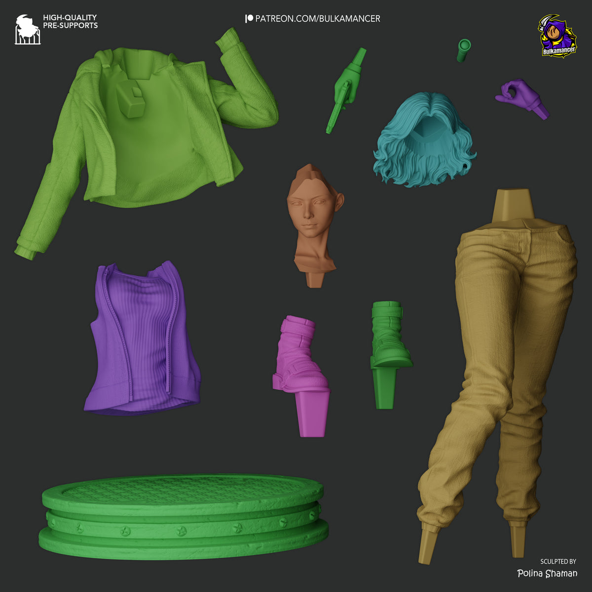 Grace resin figure parts laid out including lime jacket, purple vest, tan pants, teal hair, head sculpt, boots, accessories and display base.