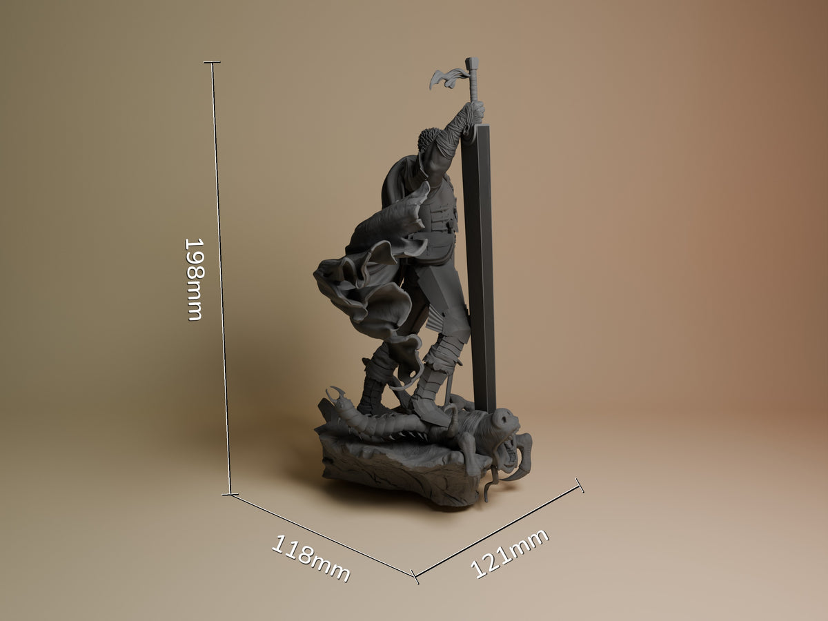 Guts from Berserk 3D printed resin figure shown at scale with dimensions 198x118x121mm, unpainted gray resin, dynamic pose on base.