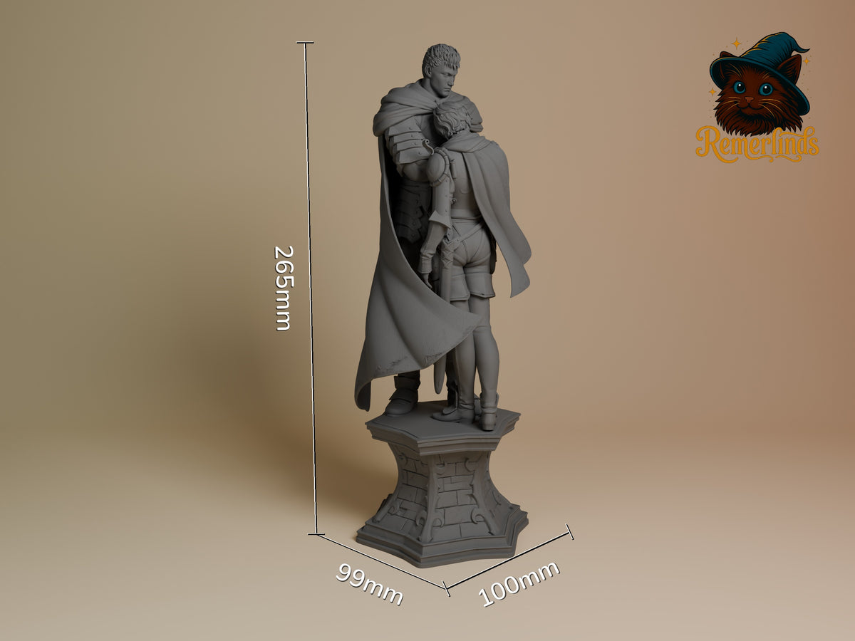 Guts and Casca from Berserk form an unpainted resin figure on a sculpted pedestal, shown at 265mm tall.