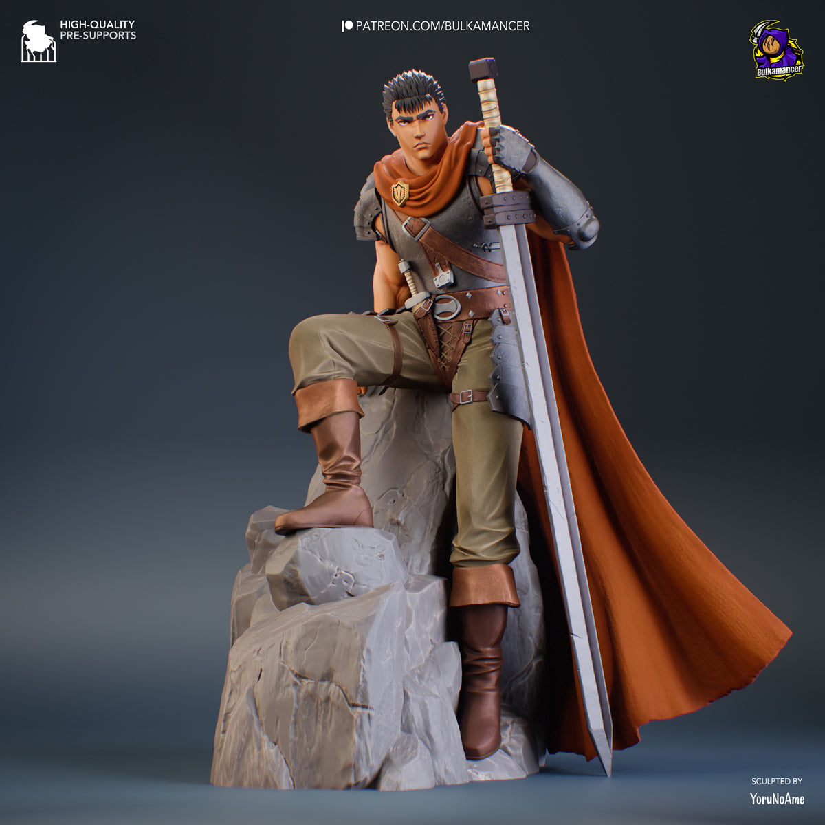Guts from Berserk resin figure posed on rocky base, holding large sword with orange cape, detailed painted armor and skin tones, sculpted by YoruNoAme.