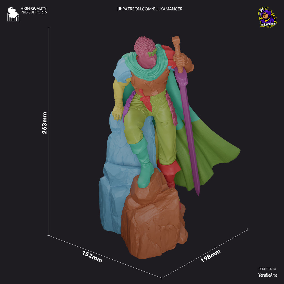 Guts resin figure from Berserk shown at 263mm height with colorful paint job, standing on brown rocky base with sword raised, displayed at three-quarter angle.