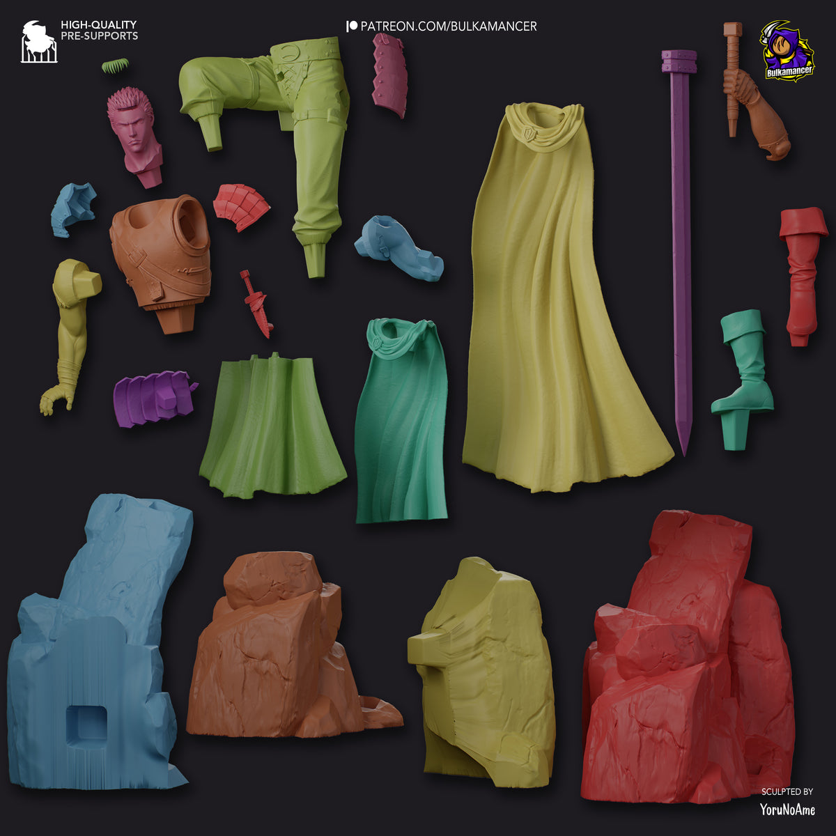 Disassembled resin figure parts for Guts from Berserk, including head, limbs, torso, clothing pieces, weapons, and base elements in various colored plastics on dark background.