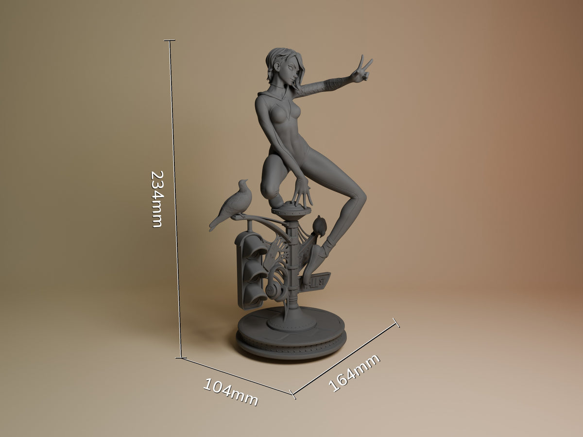 Web Weaver Girl resin figure in gray unpainted polymer, posed dynamically on ornate base with bird perch, shown at 234mm height for scale.