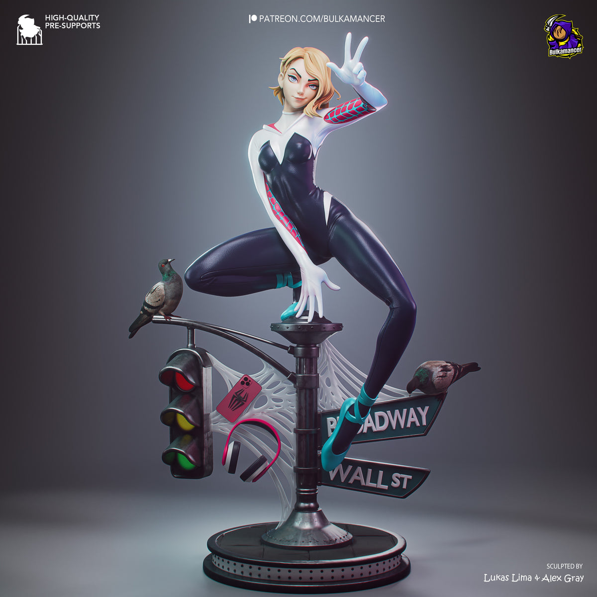 Web Weaver posed on NYC street sign base with traffic light and pigeon, fully painted resin figure, peace sign gesture.