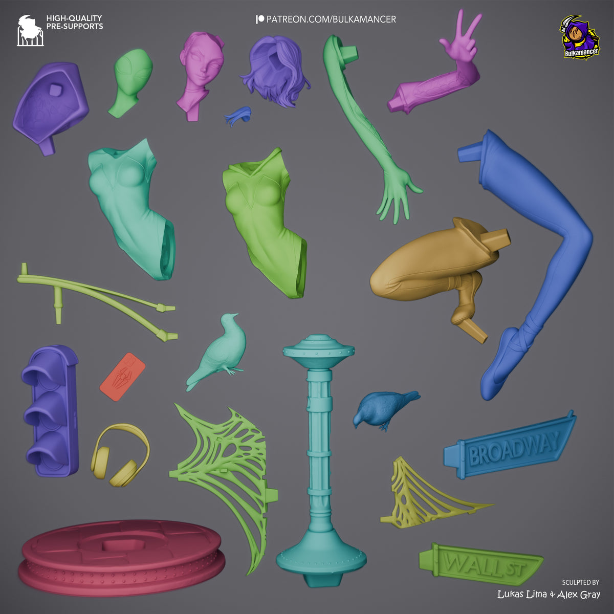 Web Weaver Girl 3D printed resin figure parts laid out on gray background, including torso, limbs, head, and themed accessories in purple, green, blue, and gold.