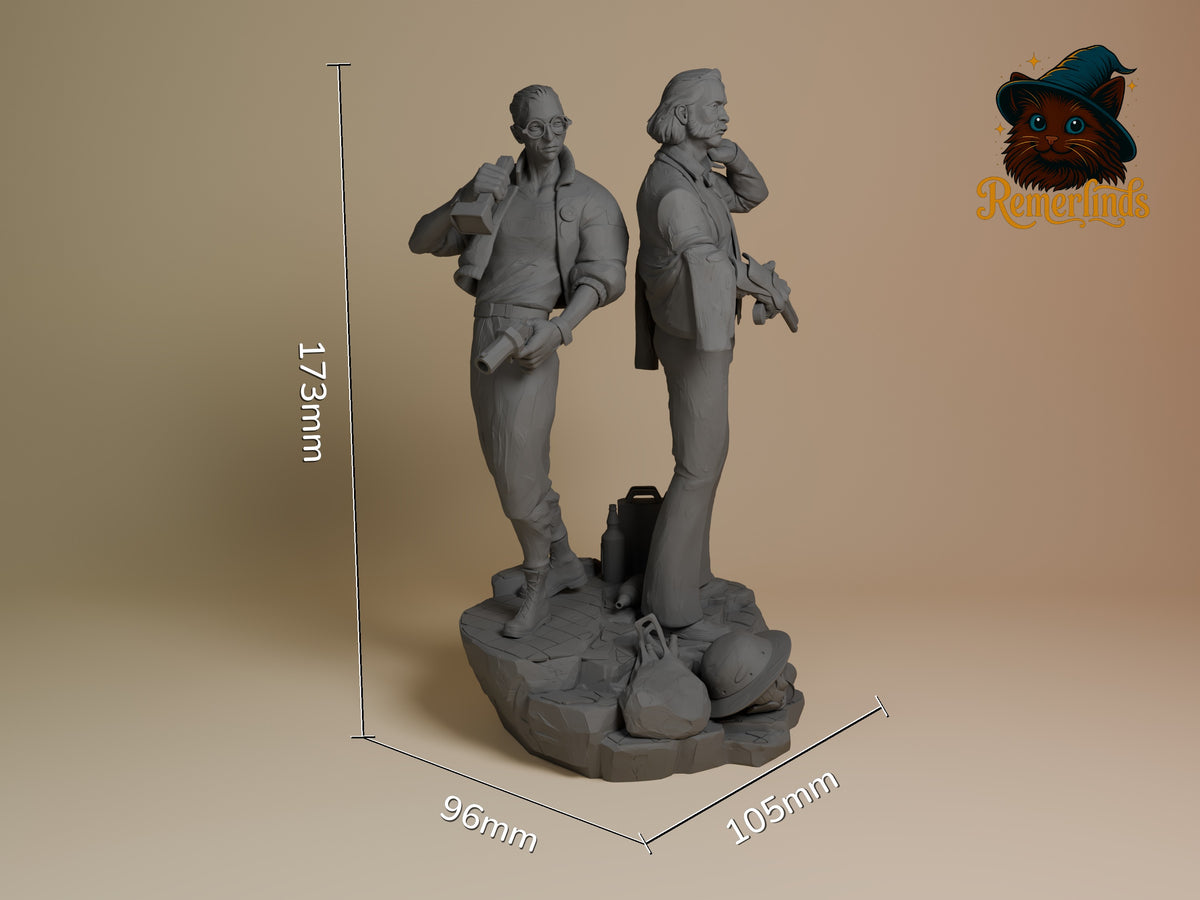 Unpainted resin figure of Harry and Kim from Disco Elysium stands back-to-back on a sculpted base with scale.