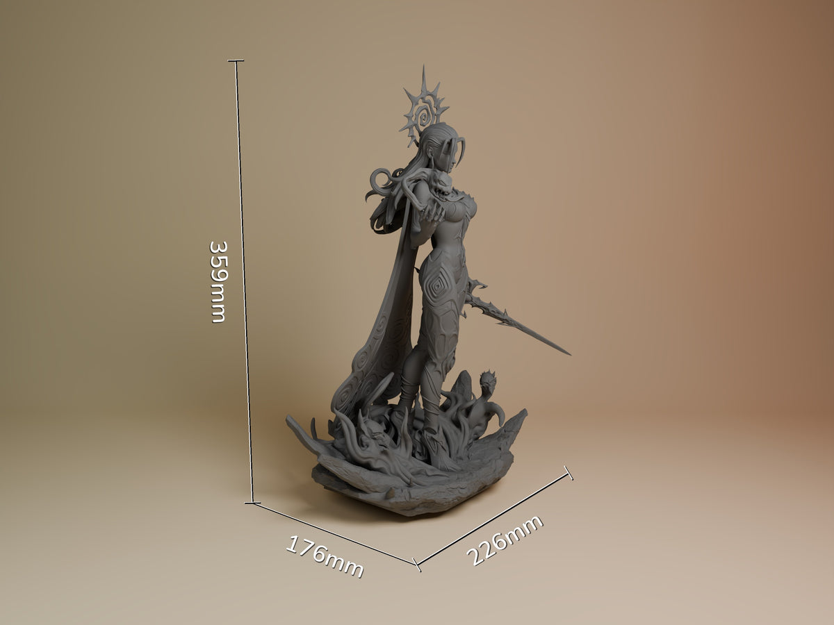 Frost Queen resin figure from Super Rivals shown at scale (359mm height) from angled front view, unpainted gray with detailed base and dynamic posed stance.