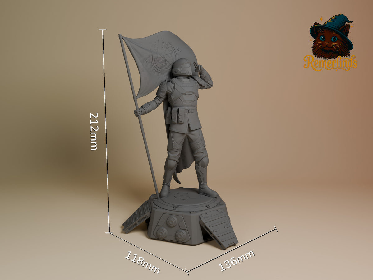 Three-quarter view shows an unpainted Helldiver from Helldivers 2 resin figure saluting with a flag on a sculpted base.