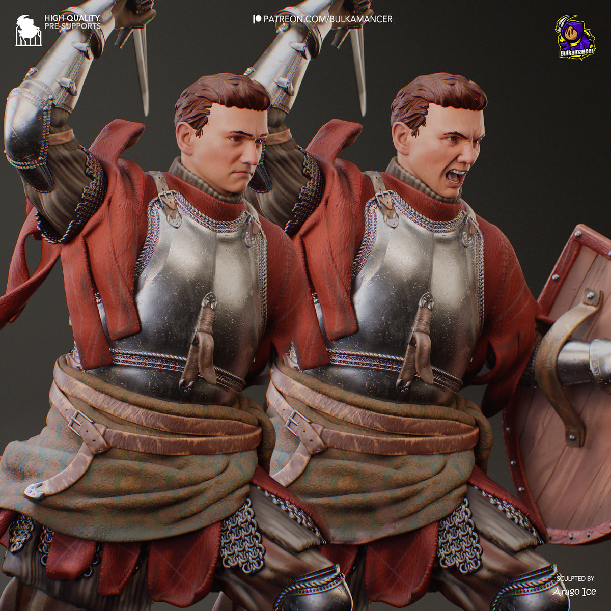 Henry from Kingdom Come: Deliverance II resin figure in profile, showing dual expression poses wearing red tunic and armor with painted details and base.