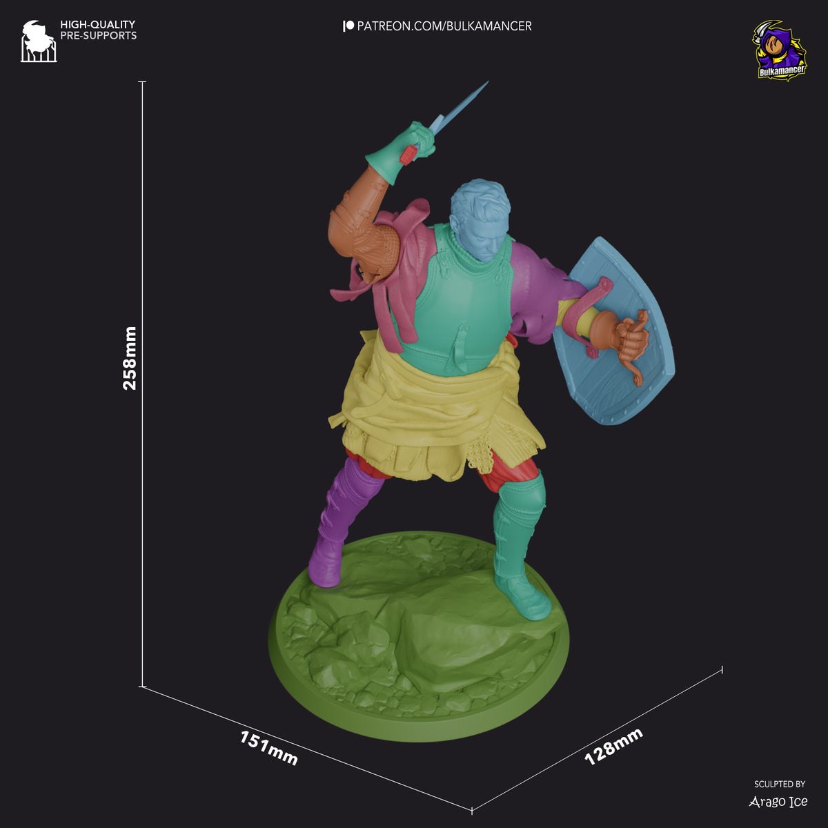 Henry resin figure from Kingdom Come: Deliverance II shown at 258mm height, hand-painted in vibrant colors, posed with sword and shield on green base.
