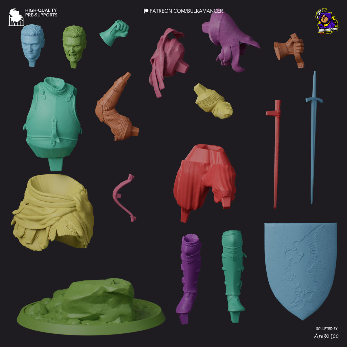 Unpainted resin figure parts for Henry from Kingdom Come: Deliverance II laid out flat, including heads, torso, limbs, clothing, weapons, and base on dark background.