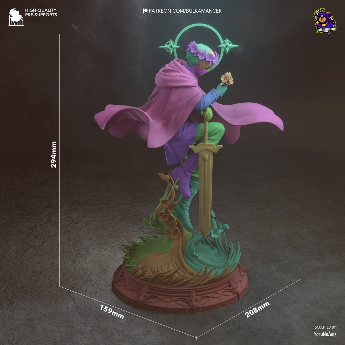 Himmel from Frieren: Beyond Journey's End is a painted resin figure kneeling with sword on a sculpted floral base, shown at .
