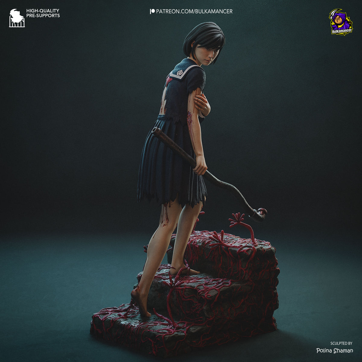 Hinako resin figure from Silent Hill shown in profile, standing on organic base with whip, detailed paint work on navy outfit and skin tones.