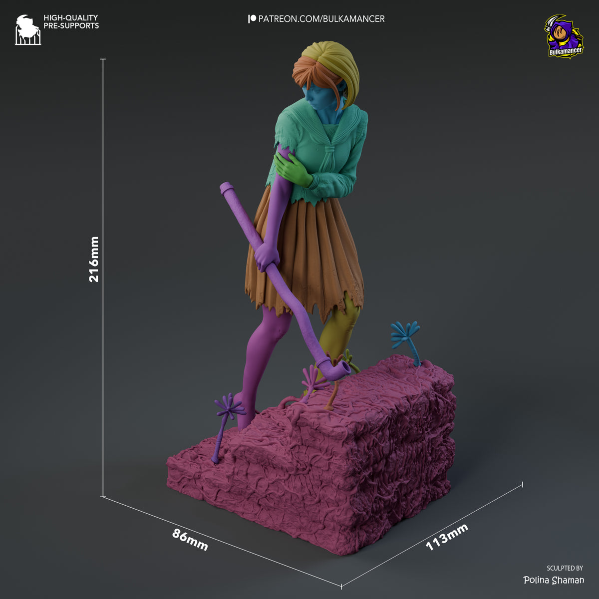 Hinako resin figure at 216mm height, standing posed on textured pink base with purple staff, shown from front-right angle with full paint detail and sculpted by Polina Shaman.