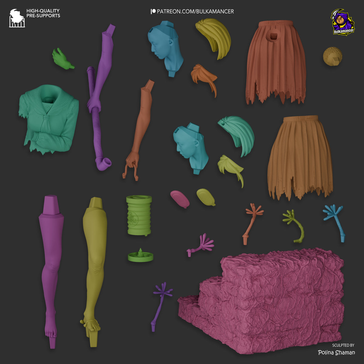 Unassembled resin figure parts for Hinako from Silent Hill laid out on dark background, including heads, limbs, torsos, skirts, hair pieces, and accessories in various colors.