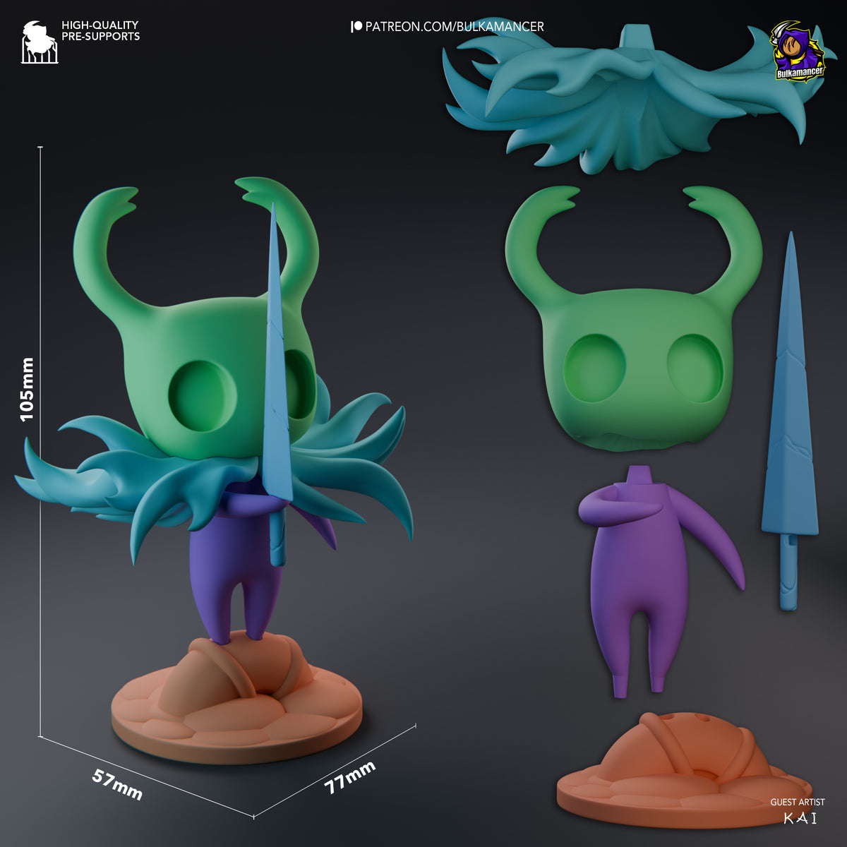 Hollow Knight resin Chibi figure shown at scale with front and side views, green mask and horns, purple body, blue cloak and sword, on brown base.