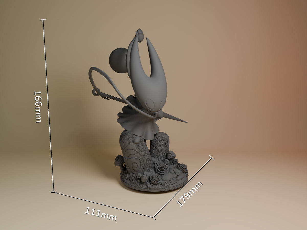 Hornet resin figure from Hollow Knight shown at scale with dimensions 166mm height, 179mm depth, 111mm width. Unpainted gray resin with detailed ornate base featuring roses and shells.