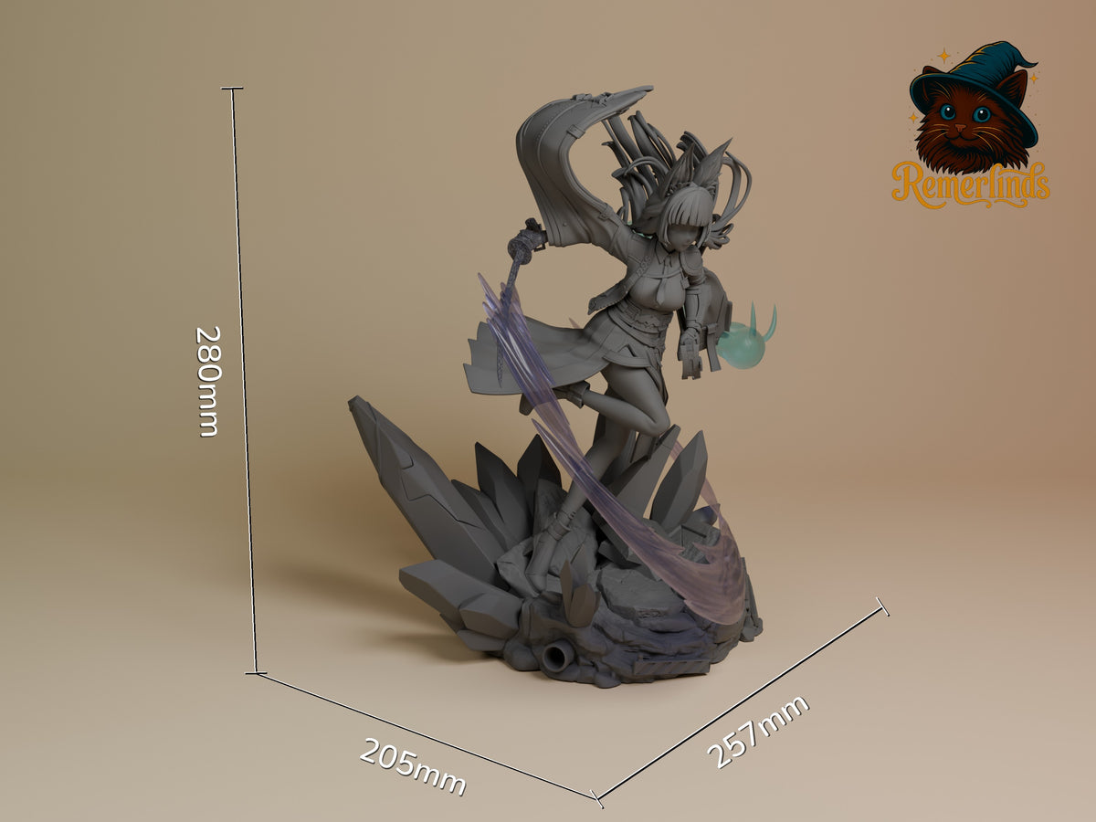Hoshimi Miyabi Zenless Zone Zero resin figure shown unpainted on a sculpted base, measuring 280mm high.