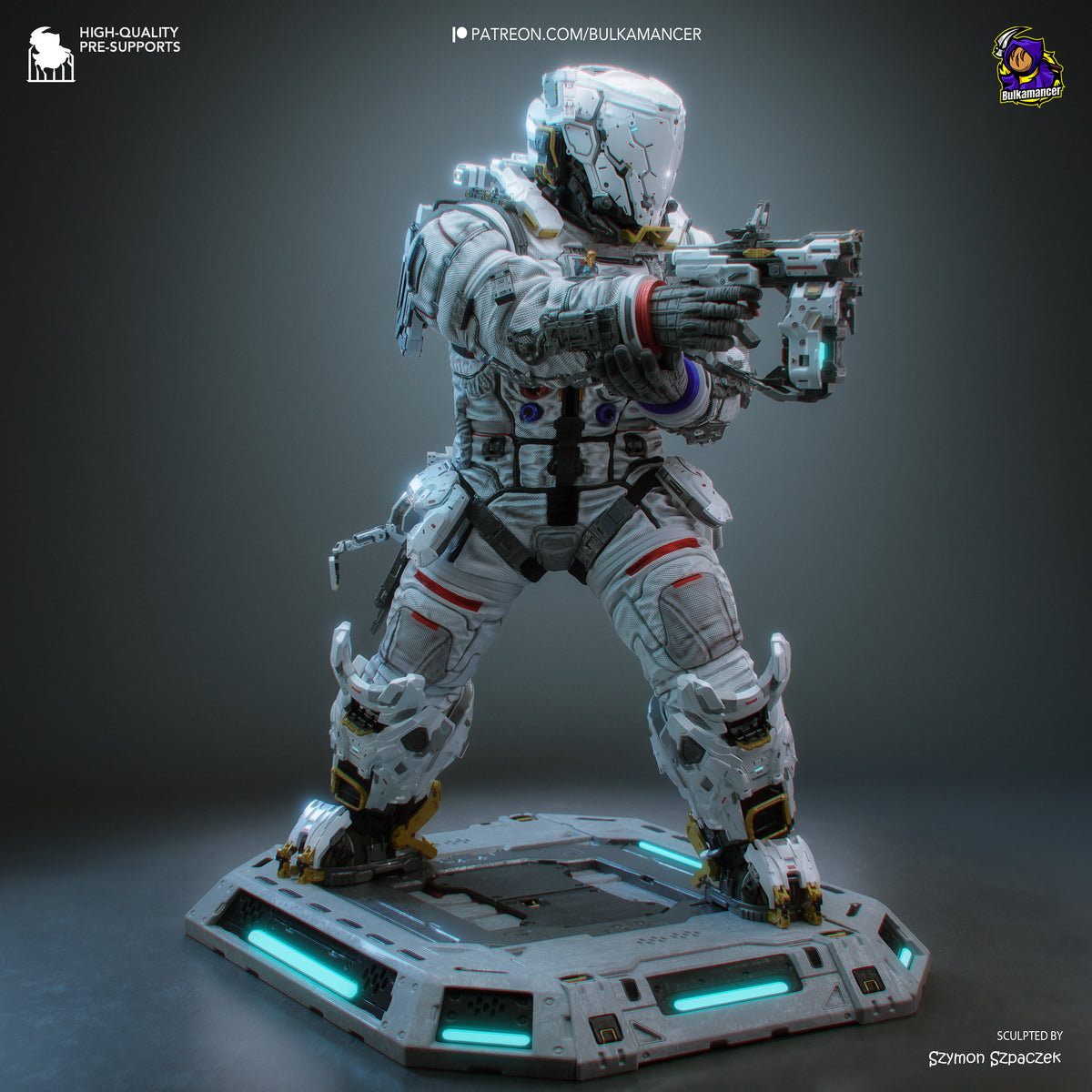 Hugh from Pragmata resin figure in dynamic firing pose, white and red armor with weathered details, illuminated base, sculpted by Szymon SzDaCzek.