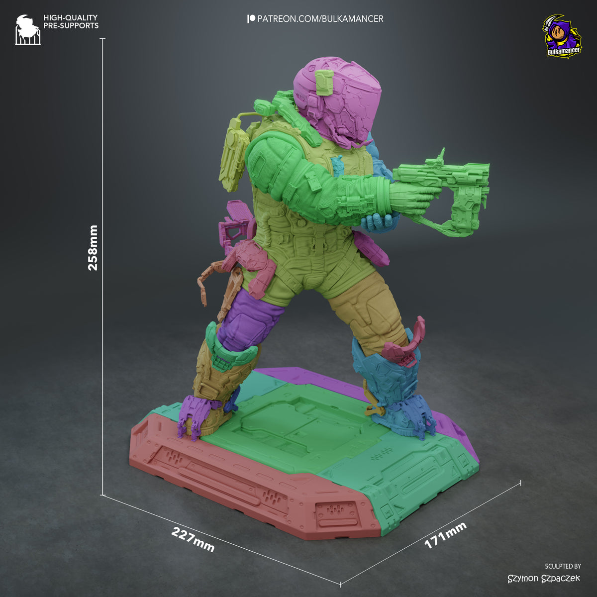 Hugh from Pragmata resin figure shown at 258mm height in dynamic pose with weapon, multi-colored paint job, detailed base, side angle view.