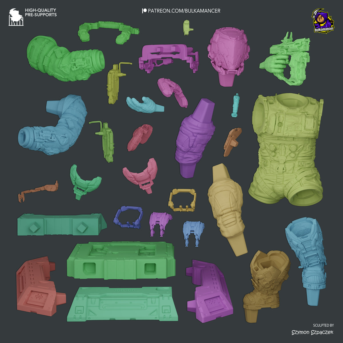 Unpainted multicolored resin figure parts for Hugh from Pragmata laid out flat, including armor pieces, limbs, torso, head, and accessories, sculpted by Szymon SzpaCzek.