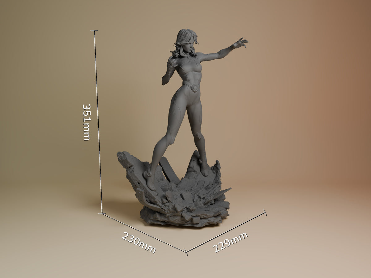 Veil Vanguard resin figure from Quantum Quartet shown at scale with dimensions, unpainted gray finish, dynamic pose on textured base.