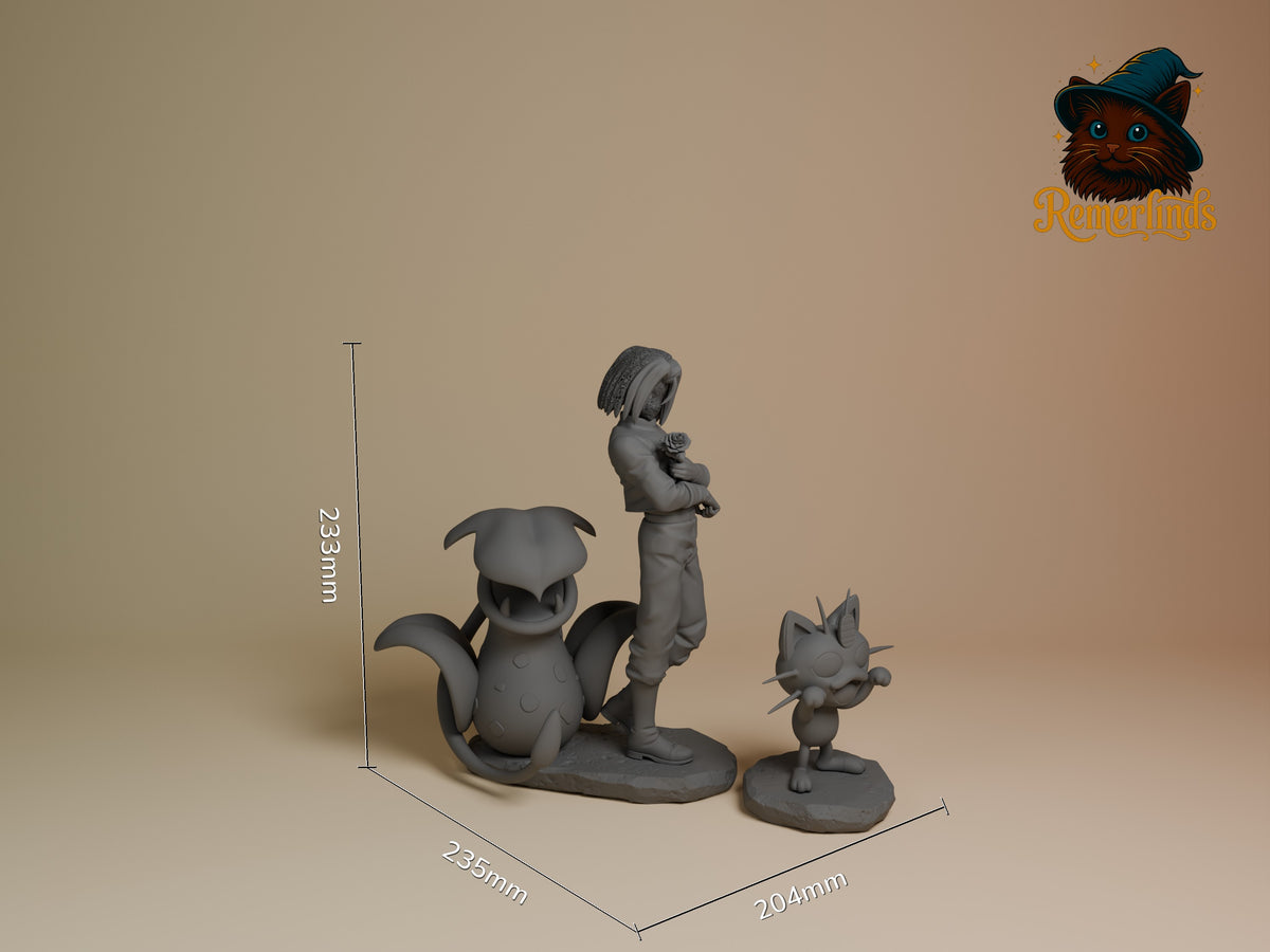 James from Pokémon resin figure stands in profile with arms crossed, unpainted beside two sculpted bases.