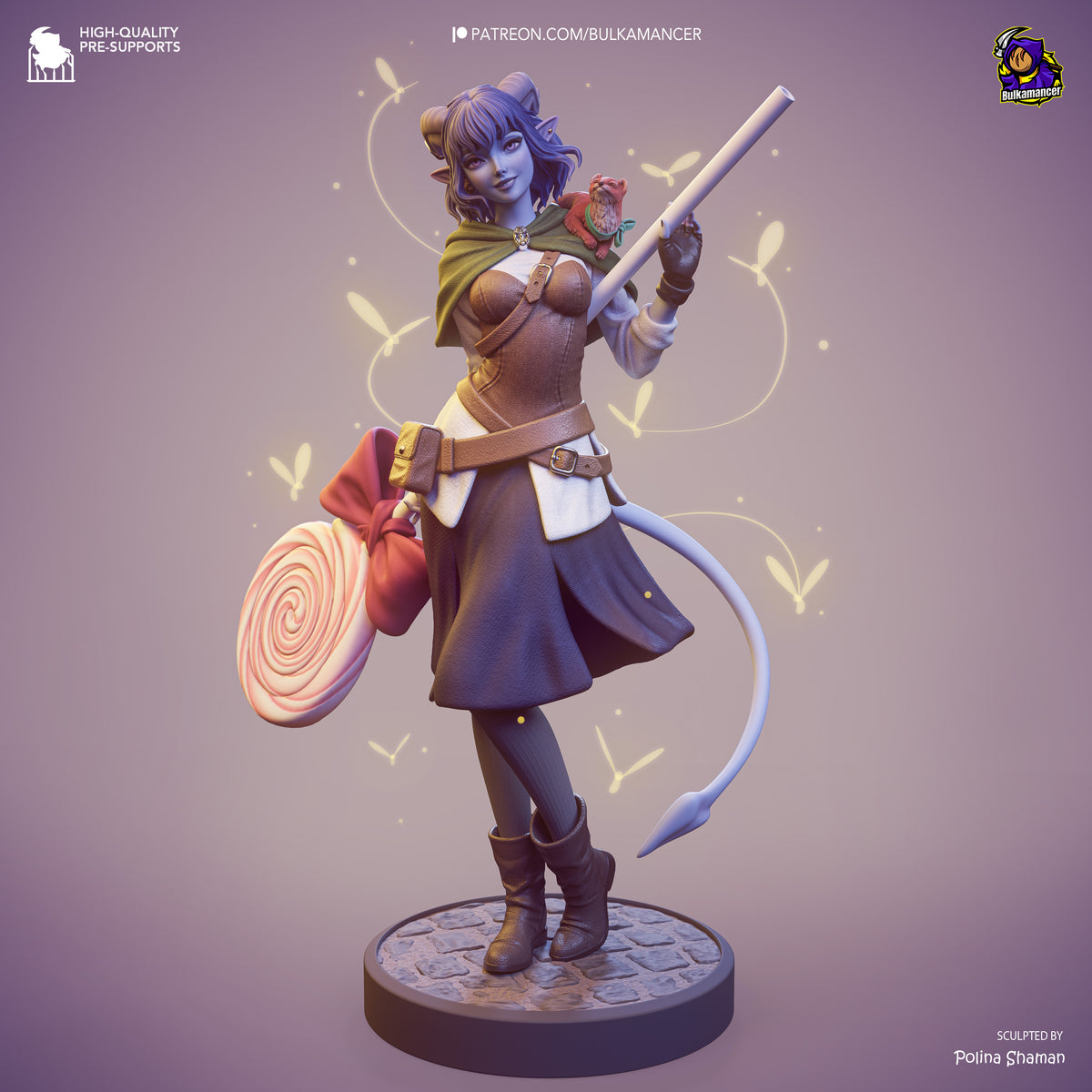 Jester from The Mighty Nein is a painted resin figure holding a staff, with a rat and candy on a cobbled base.