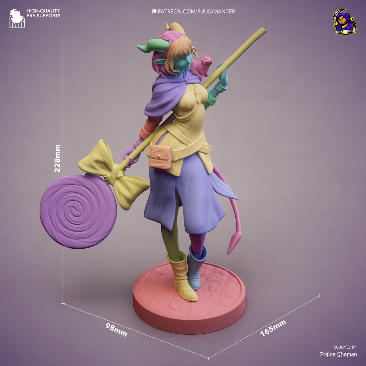 Jester from The Mighty Nein is a painted resin figure with staff, lollipop, and base, scaled at 228 x 98 x 165 mm.