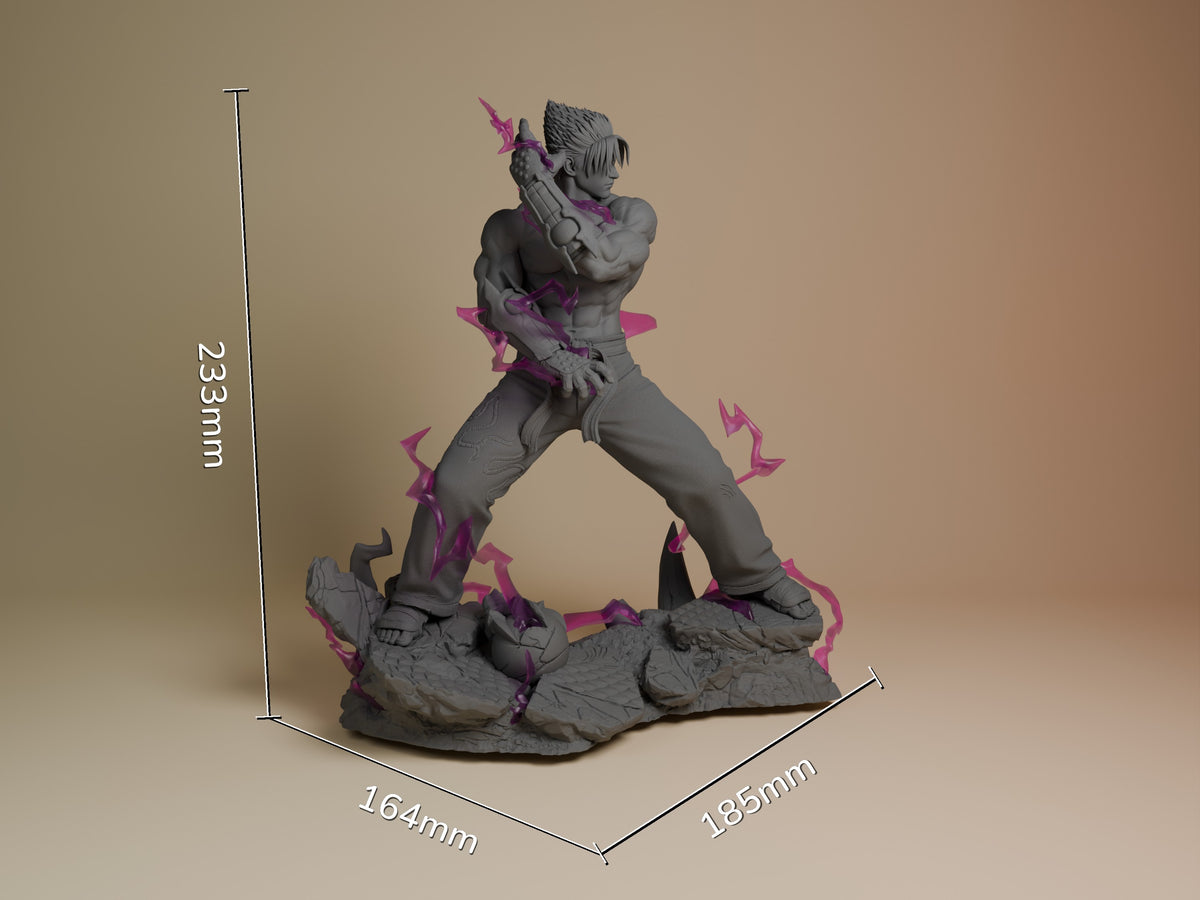 Jin Kazama resin figure in dynamic fighting pose with purple accents, shown unpainted gray with textured rocky base, dimensions 233x164x185mm displayed.