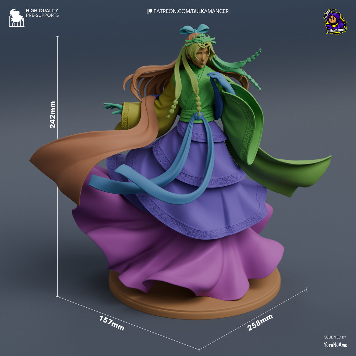 Jinshi resin figure from Apothecary Diaries shown at scale, posed dynamically with flowing green and purple robes, painted details, mounted on brown base.