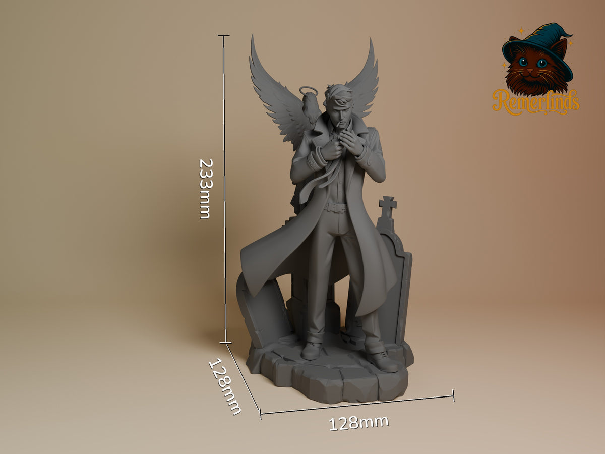 John Constantine from Constantine stands front-facing, gray and unpainted, as a resin figure with wings on a graveyard base,.
