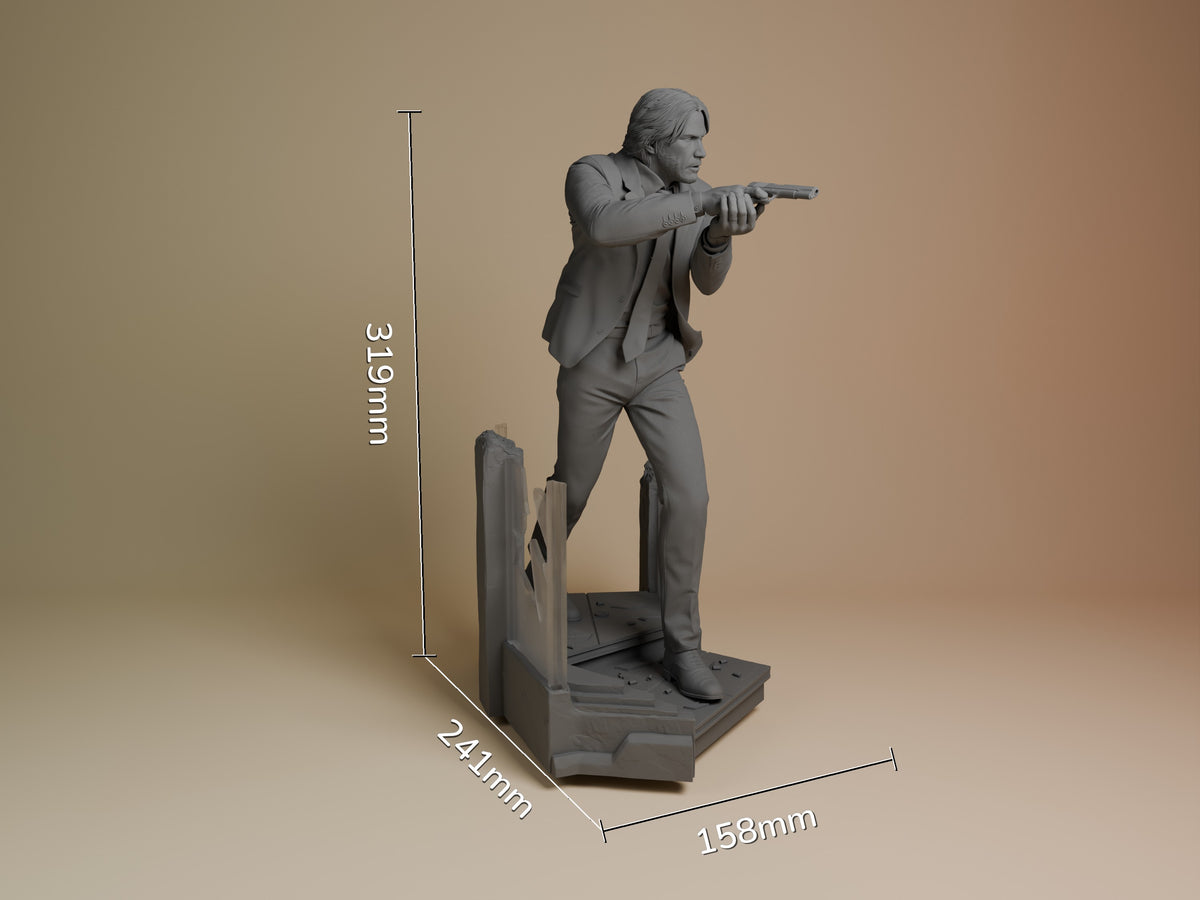John Wick resin figure in shooting pose on detailed base, shown at 319mm height with 241x158mm footprint for scale reference.