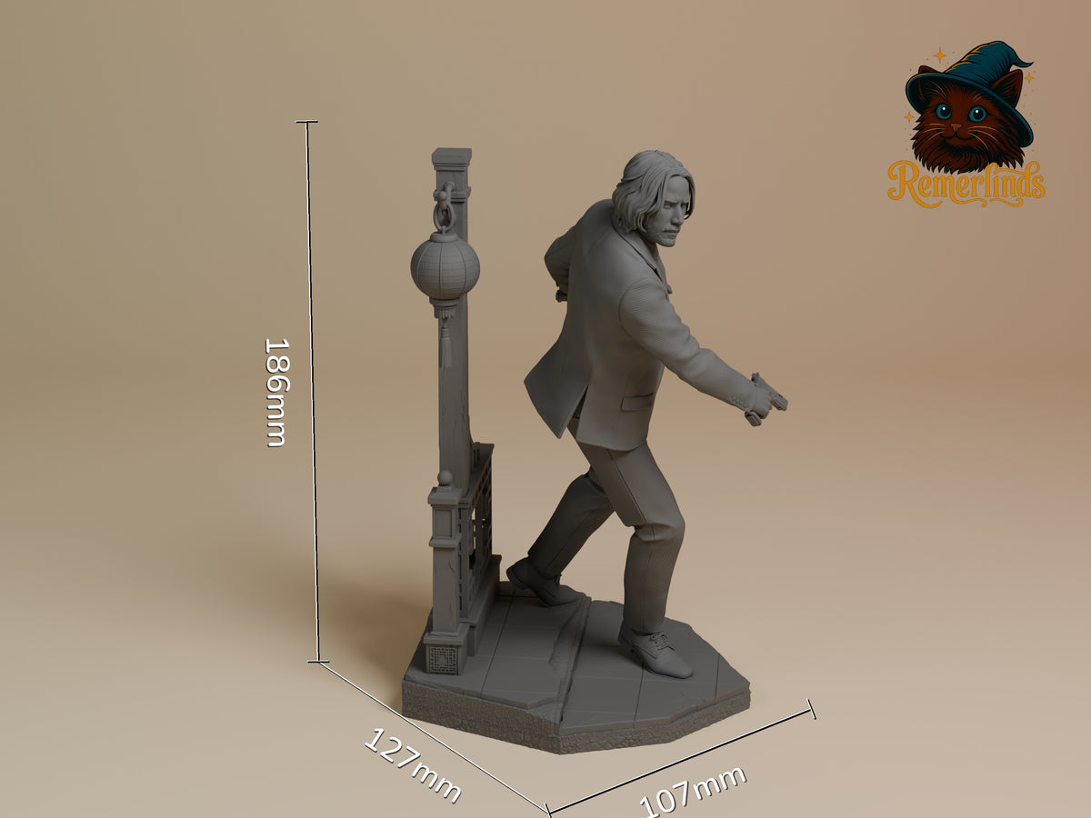 John Wick from John Wick is an unpainted resin figure shown in three-quarter view aiming a pistol on a sculpted base with 18.