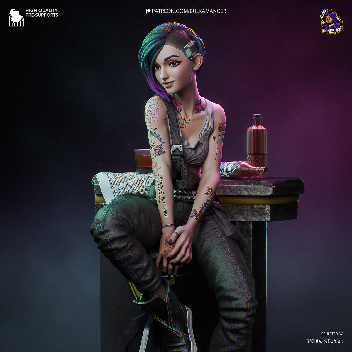 Judy from Cyberpunk 2077 is a painted resin figure seated on a sculpted bench base.
