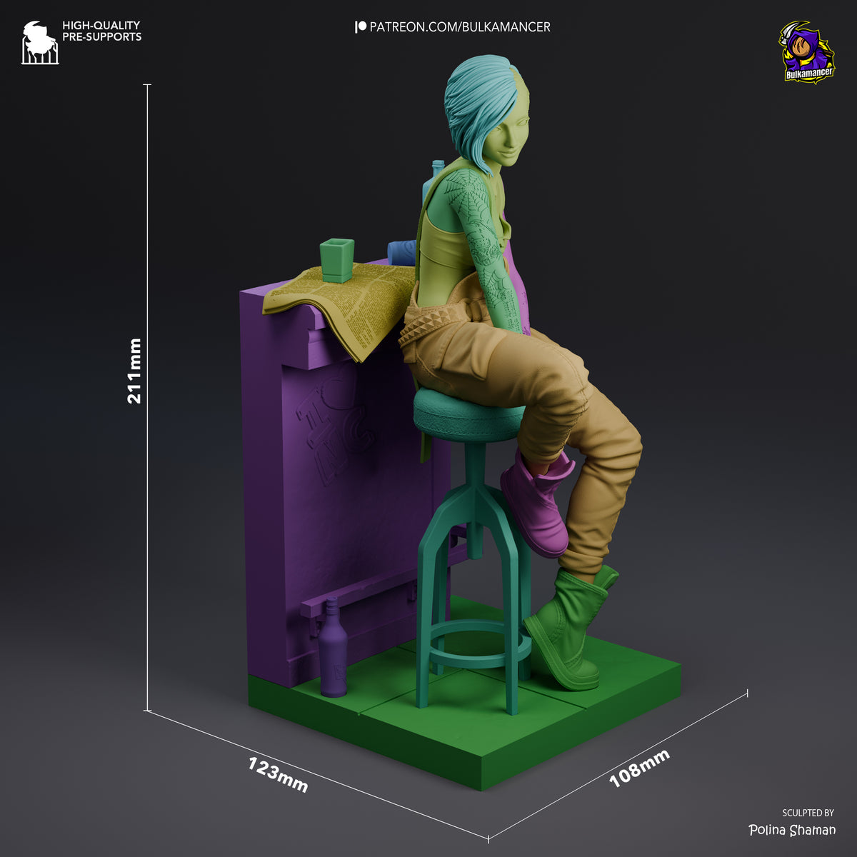 Judy from Cyberpunk 2077 resin figure sits in profile on a multicolor unpainted sculpted base, 211 mm tall.