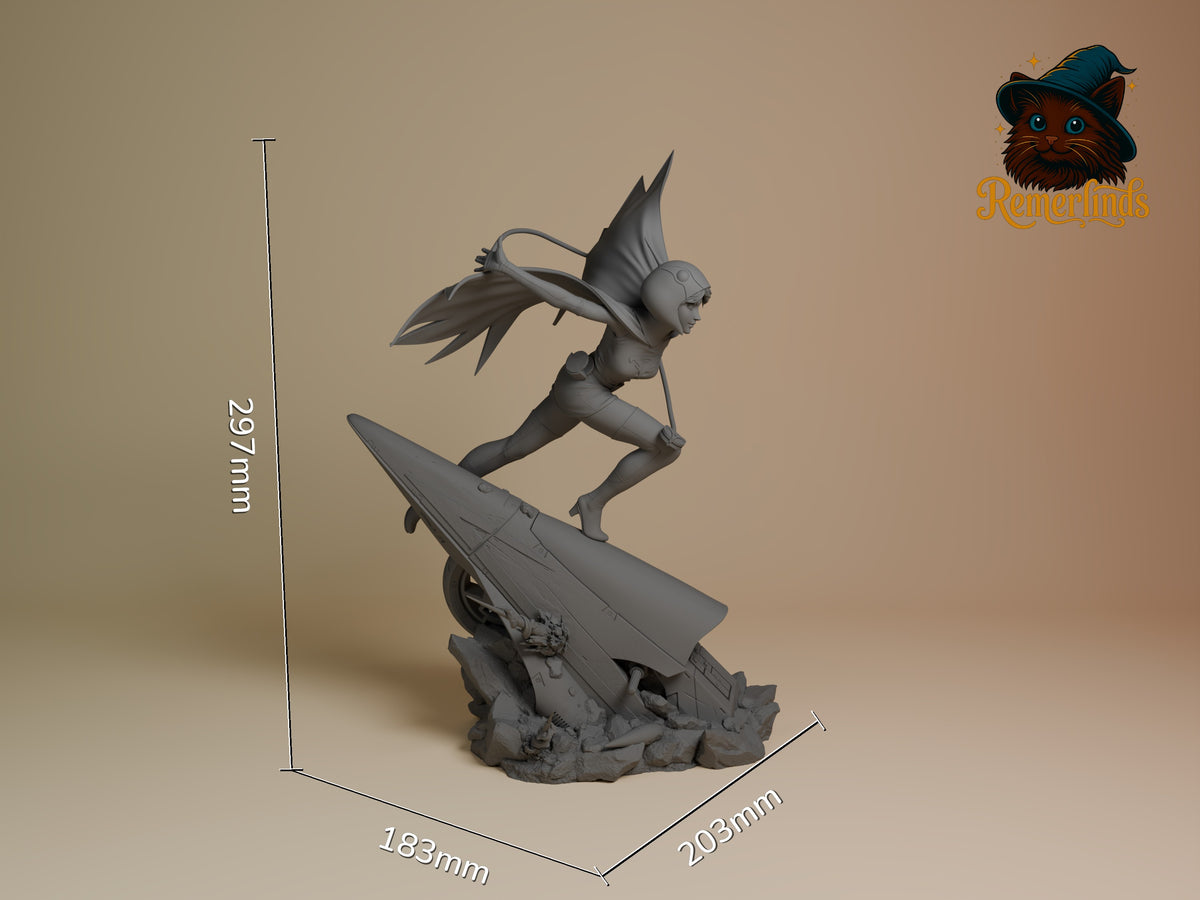 Jun the Swan resin figure shown at 297mm height, unpainted gray prototype posed mid-action on rocky base, scale reference visible.