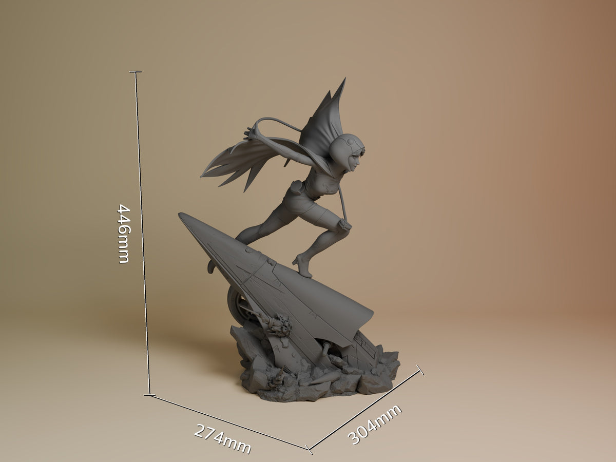 Jun the Swan resin figure shown at 446mm height, unpainted gray, dynamic pose on rocky base with dimensions 274x304mm displayed.