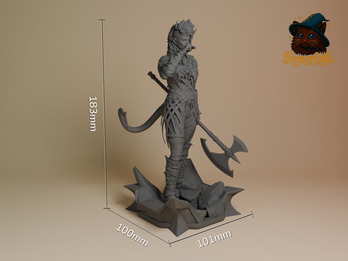 Karlach from Baldur's Gate resin figure is unpainted in three-quarter view on a sculpted base, 183mm tall.