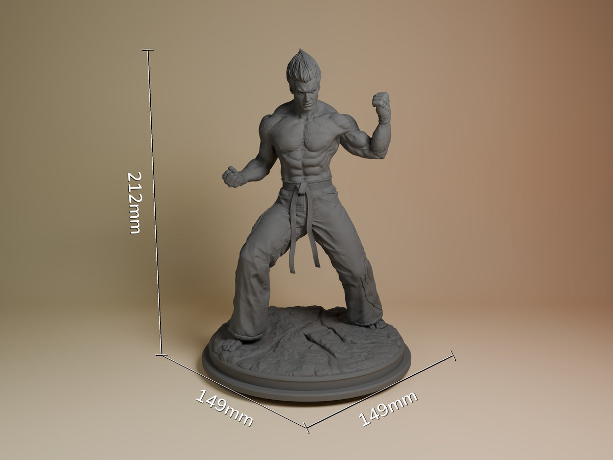 Kazuya resin figure from Tekken shown at 212mm height with 149mm base diameter, displaying muscular torso and fighting stance in gray unpainted resin.
