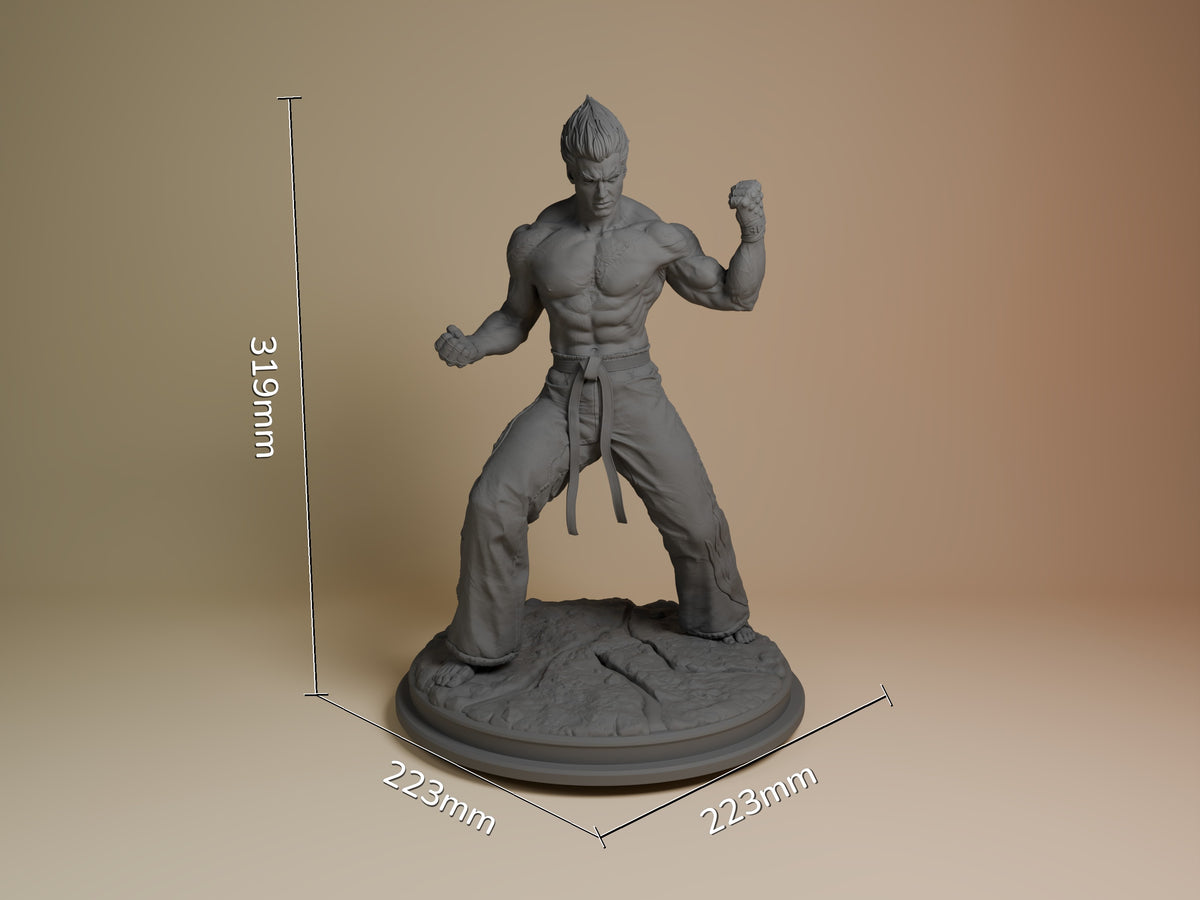 Kazuya resin figure in fighting stance on textured base, shown at 319mm height with 223mm width dimensions displayed.