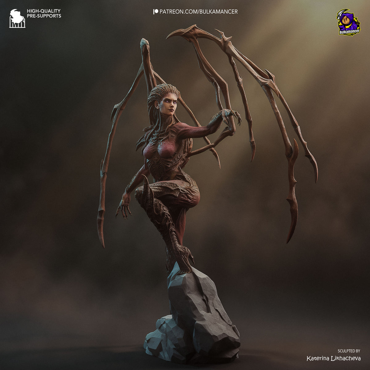 Angled painted Kerrigan resin figure from Starcraft II crouches with wings on a rocky base.