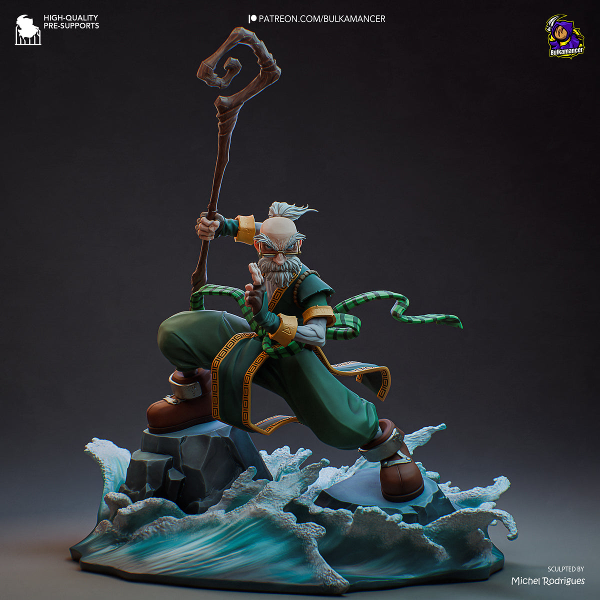 Painted Knolan from Battle Chasers is a leaping resin figure with a staff on a wave base.