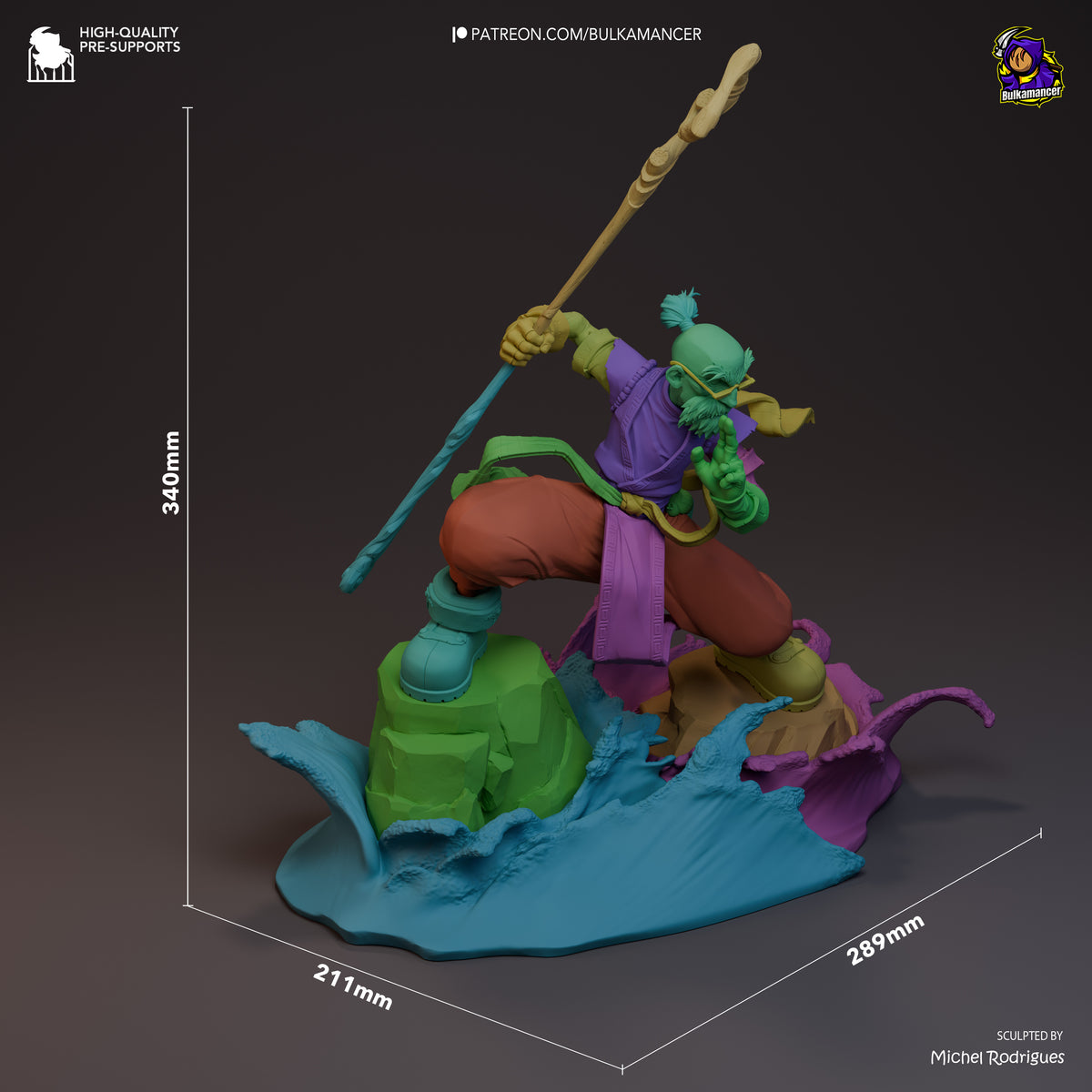Knolan from Battle Chasers is a painted resin figure in a three-quarter pose with staff on a sculpted water base.
