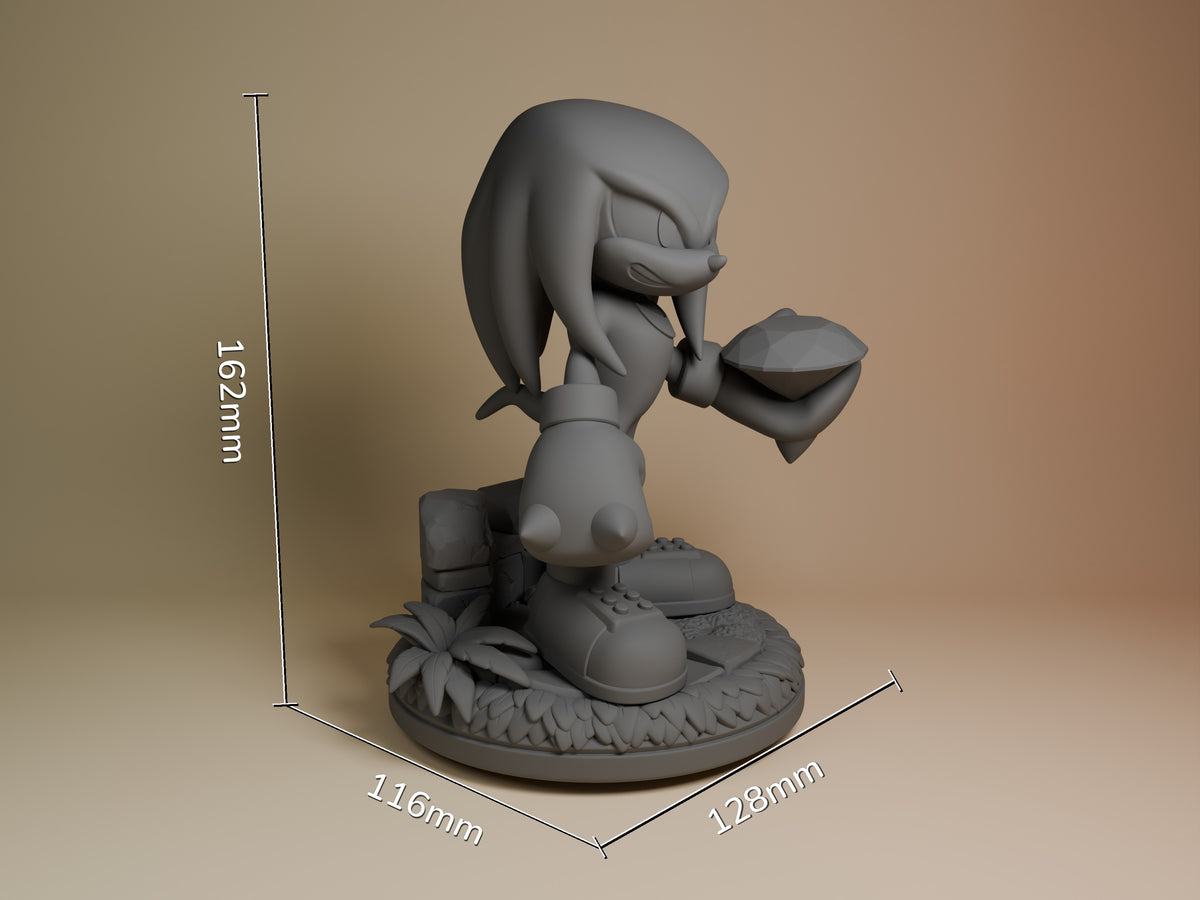Unpainted gray resin figure of Knuckles from Sonic with scale measurements showing 162mm height, 116mm and 128mm base dimensions, displayed in three-quarter view on textured base.