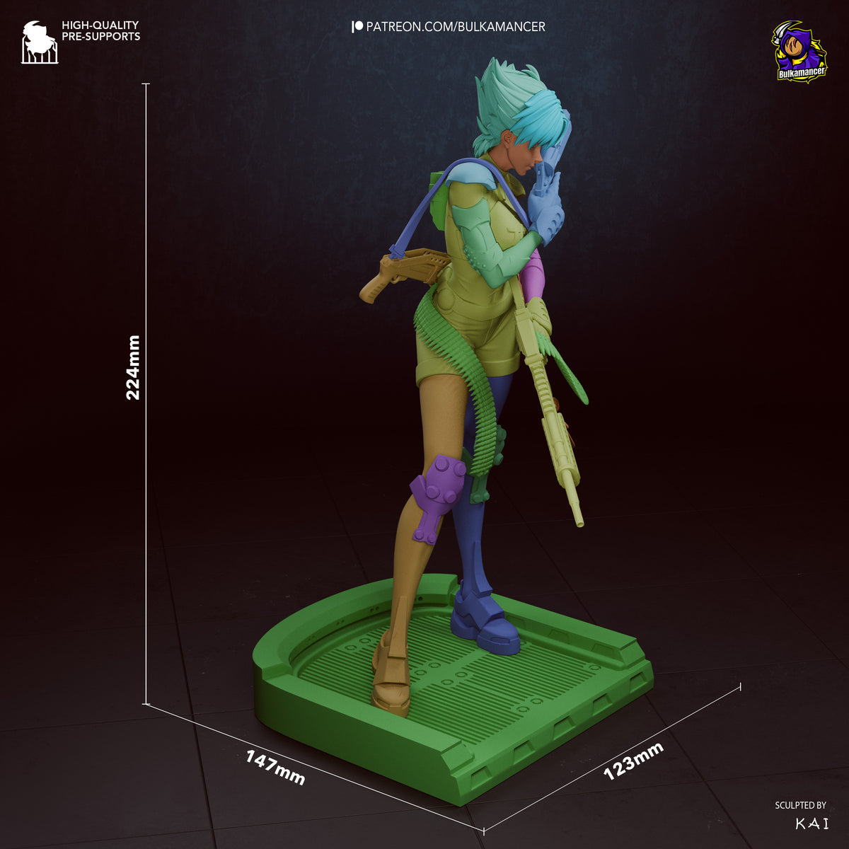 Konoko from Oni is a painted resin figure shown standing on a sculpted base with scale dimensions.