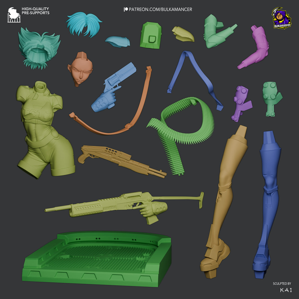 Konoko from Oni resin figure parts are shown unpainted, including a sculpted base.