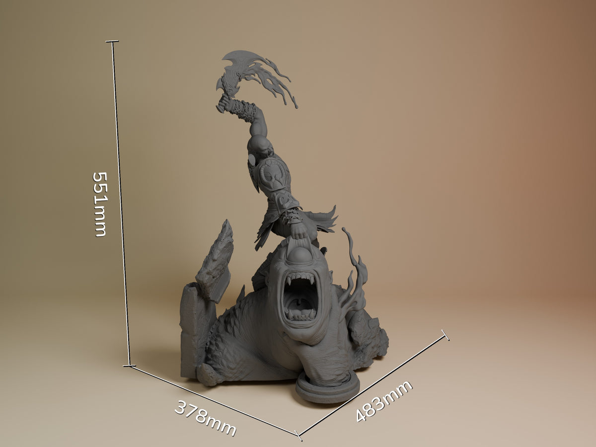 Kratos resin figure shown at scale with dimensions 551mm height, 483mm depth, 378mm width. Unpainted gray resin depicts the character standing on beast head base, arm raised.